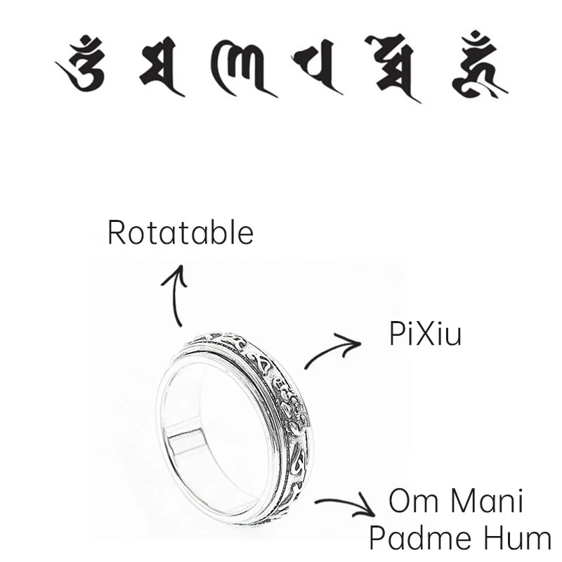 Buddha Stones Tibetan Om Mani Padme Hum PiXiu Engraved Wealth Luck Rotatable Ring