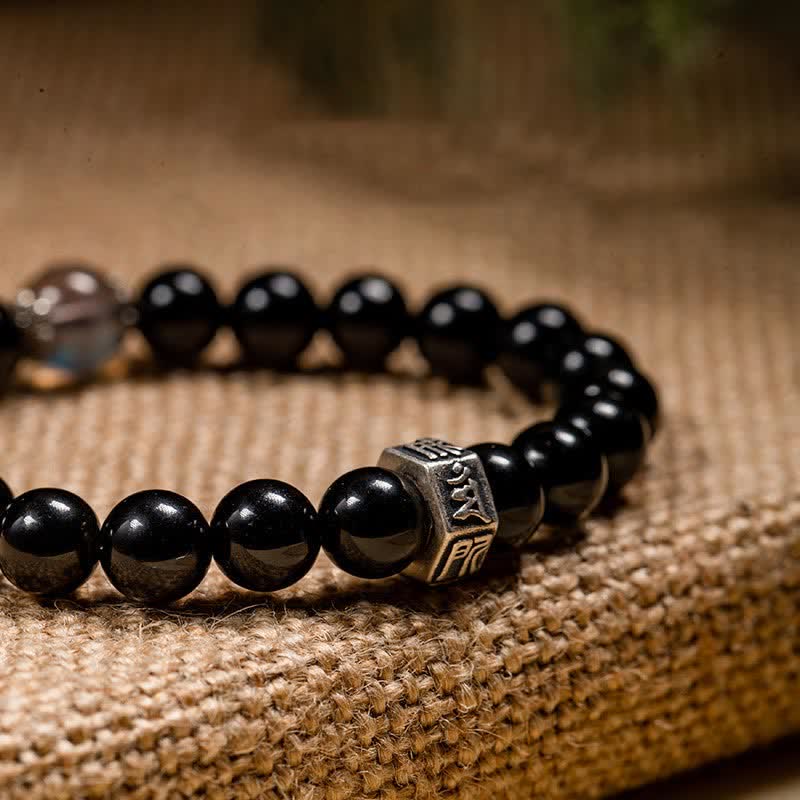 Buddha Stones Chinese Zodiac Natal Buddha 925 Sterling Silver Black Obsidian Moonstone Strength Bracelet
