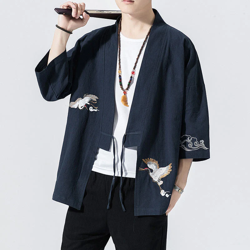 Buddha Stones Plain Embroidery Cranes Cloud Pattern Open Front Jacket Cotton Linen Men's Kimono