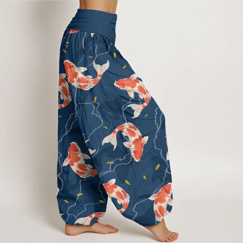 Buddha Stones Red White Koi Fish Pattern Design Women's Elastic Waist Harem Pants
