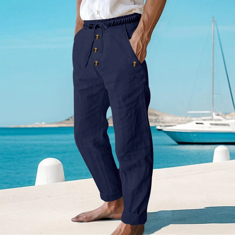 Buddha Stones Solid Color Buttons Drawstring Men's Cotton Pants With Pockets