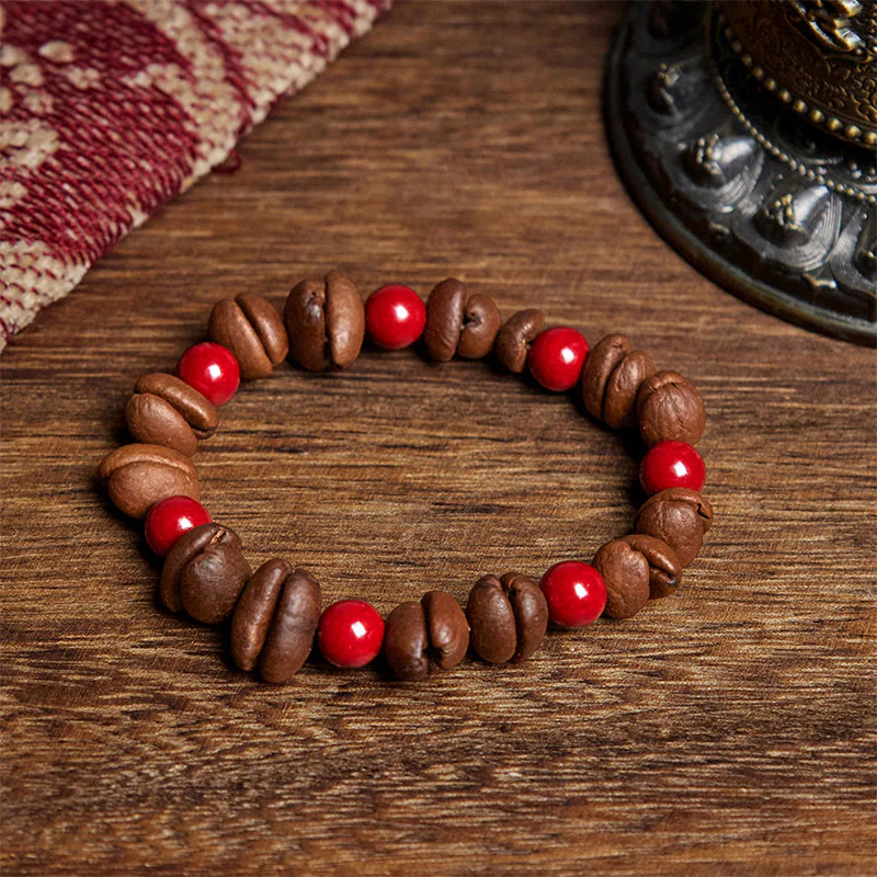 Buddha Stones Natural Coffee Beans Cinnabar Beads Bracelet