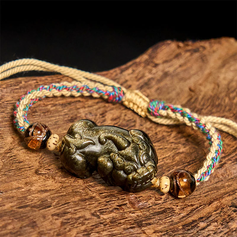 Buddha Stones Gold Sheen Obsidian PiXiu Wealth Rope Bracelet