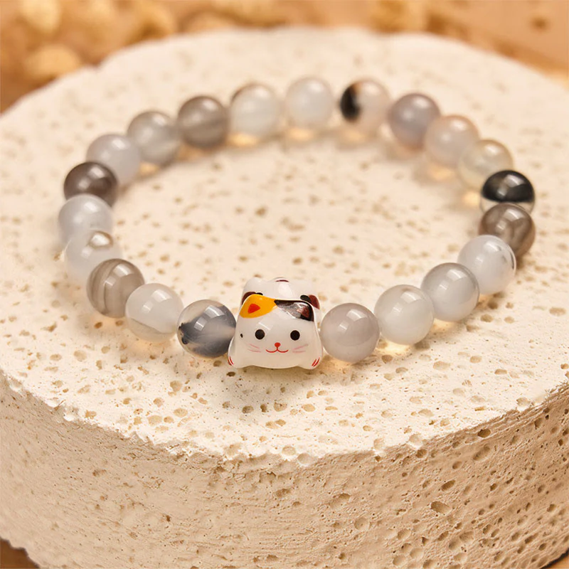 Buddha Stones Calico Cat Natural Agate Stone Ceramic Kitten Head Power Bracelet