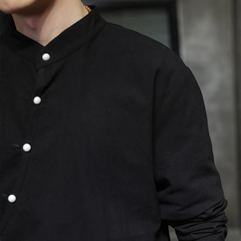 Buddha Stones Plain Lace-Up Simple Button Design Men's Long Sleeve Cotton Linen Shirt Clothing