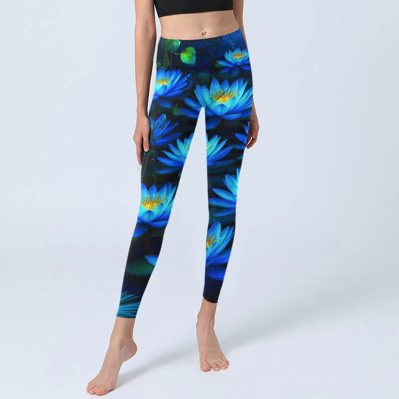 Buddha Stones Deep Blue Water Lily Lotus Print Gym Leggings Women's Yoga Pants