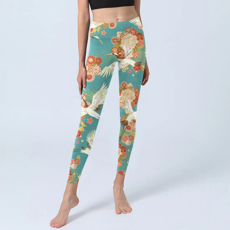 Buddha Stones Red-crowned Cranes Peony Flowers Butterfly Pattern Print Gym Leggings Women's Yoga Pants