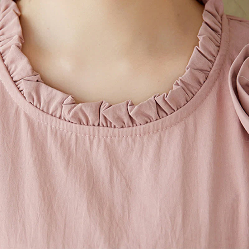 Buddha Stones Three-Dimensional Flower Design Ruffled Neck Cotton Linen Midi Dress With Pockets