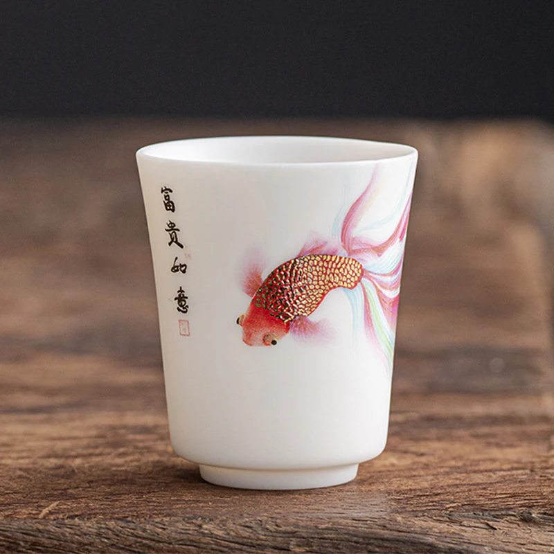 Buddha Stones Koi Fish White Porcelain Ceramic Teacup Kung Fu Tea Cup