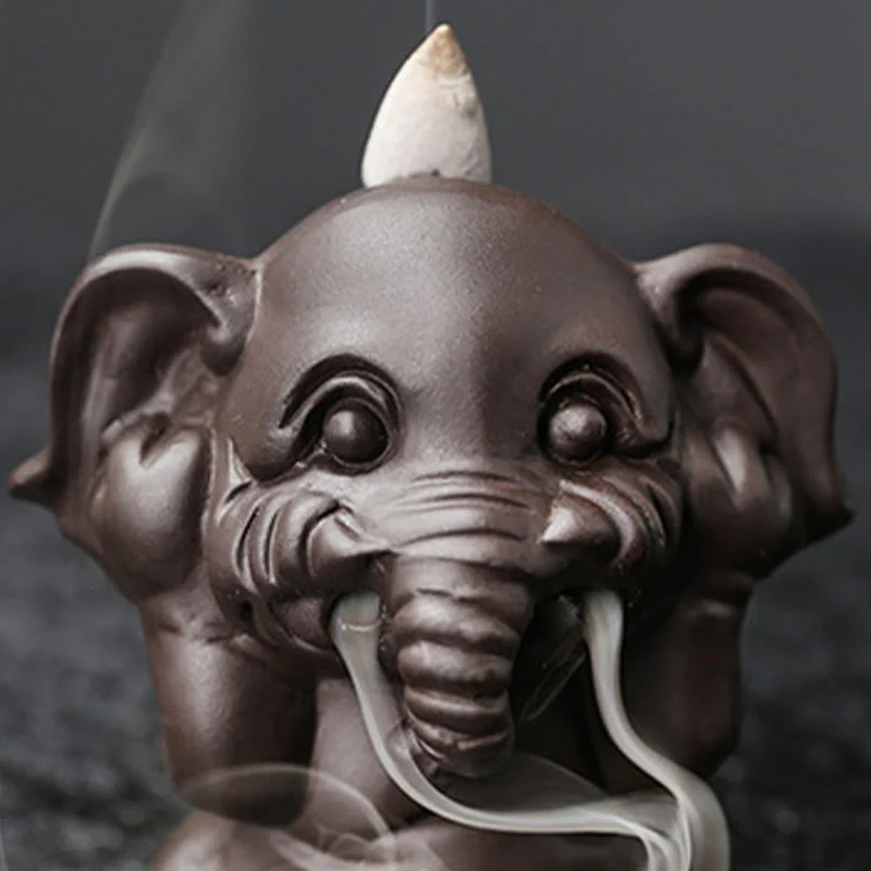 Buddha Stones Cute Elephant Purple Clay Backflow Smoke Fountain Peace Healing Incense Burner Decoration