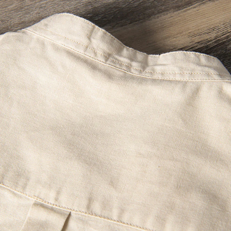 Buddha Stones Casual Daily Simple Buttons Design Stand Collar Men's Short Sleeve Cotton Linen Shirt With Front Pockets