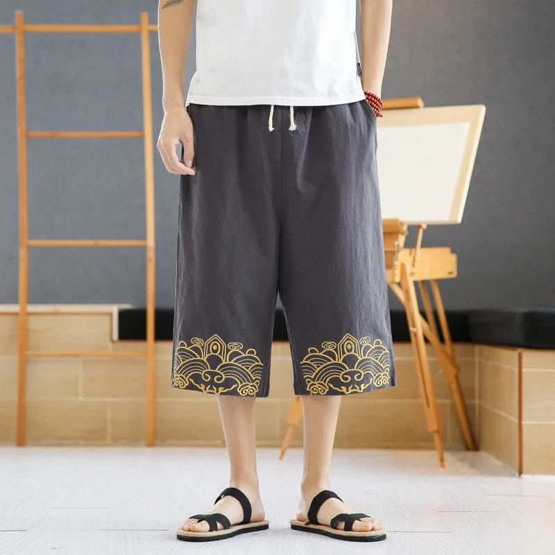 Buddha Stones Spring Casual Embroidery Drawstring Men's 7-8 Length Cotton Linen Harem Pants With Pockets