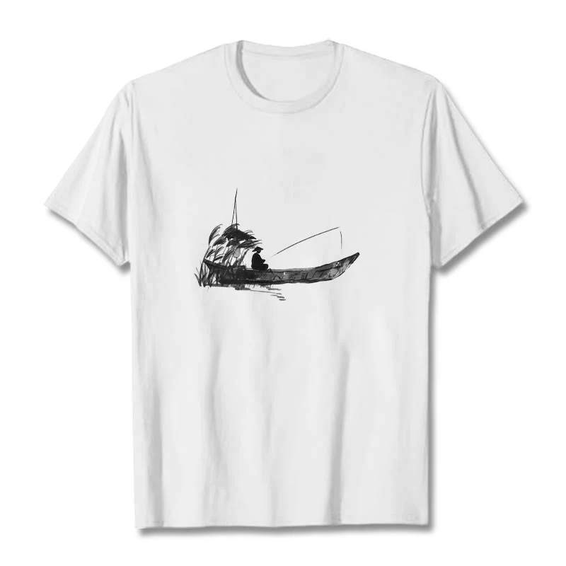 Buddha Stones Boat Fishing Grass Pattern Cotton Tee T-shirt