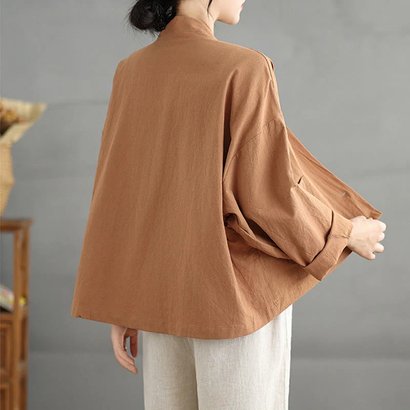 Buddha Stones Casual Vintage Plain Long Sleeve Open Front Cardigan Cotton Linen Jacket With Pockets