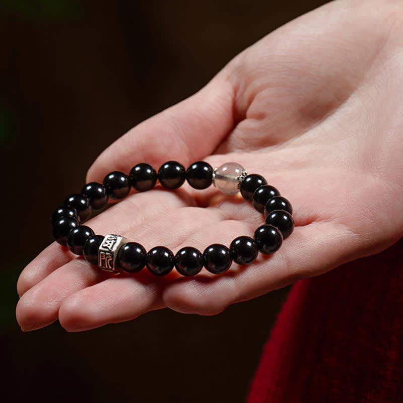 Buddha Stones Chinese Zodiac Natal Buddha 925 Sterling Silver Black Obsidian Moonstone Strength Bracelet