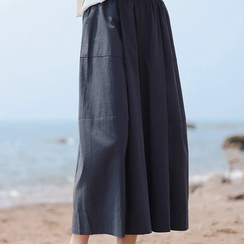 Buddha Stones Casual Plain Cotton High Waist Women's Wide Leg Capri Cropped Pants With Pockets