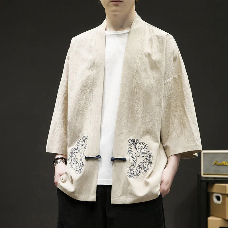 Buddha Stones Chinese Frog-Button Design Open Front Jacket Men's Cotton Linen Kimono