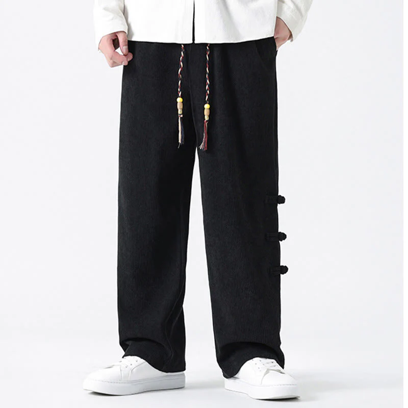 Buddha Stones Plain Chinese Frog-Button Design Drawstring Men's Corduroy Pants With Pockets