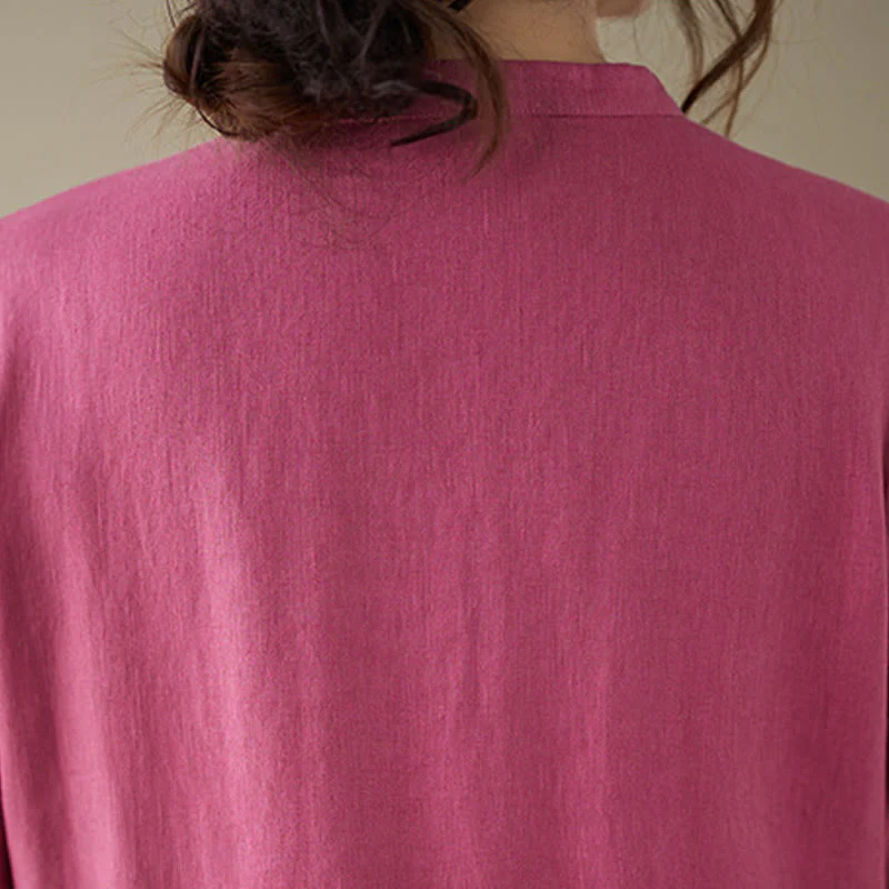 Buddha Stones Casual Plain Crew Neck Lace-up Cotton Linen Midi Dress With Pockets