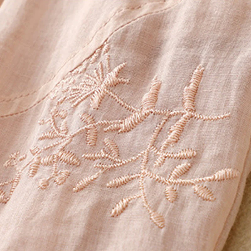 Buddha Stones Embroidered Pattern Women's Cotton Linen Harem Pants With Pockets