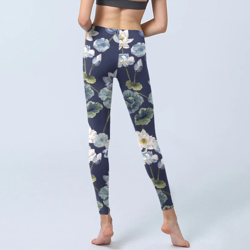 Buddha Stones Blue White Lotus Flowers Oil Painting Print Gym Leggings Women's Yoga Pants
