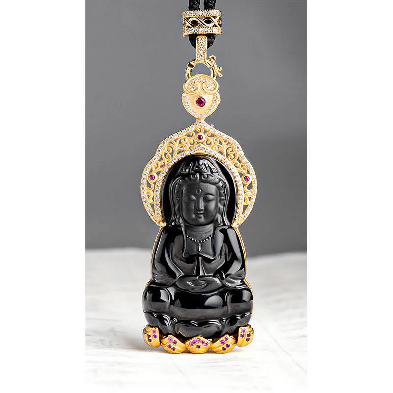 Buddha Stones 925 Sterling Silver Natural Black Jade Kwan Yin Avalokitesvara Wealth Necklace Pendant