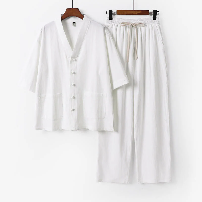Buddha Stones 2Pcs Summer V-Neck Cotton Shirt Pants With Pockets Men's Meditation Cloth Set