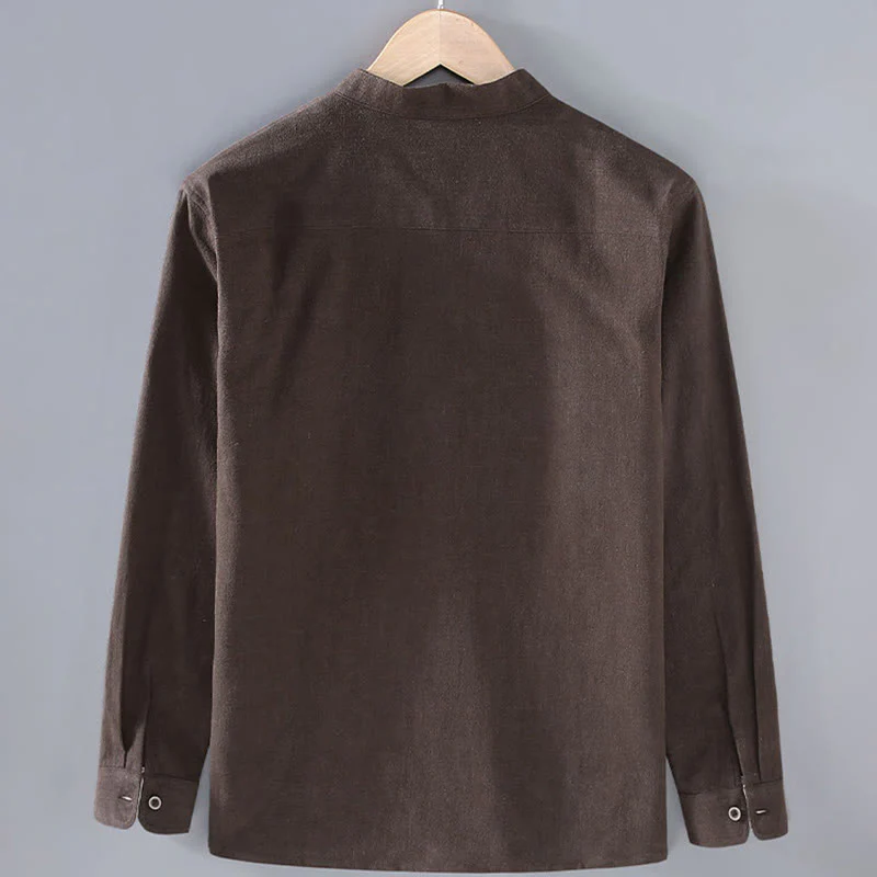 Buddha Stones Casual Plain Long Sleeve Button Lapel Design Men's Ramie Linen Jacket With Pockets