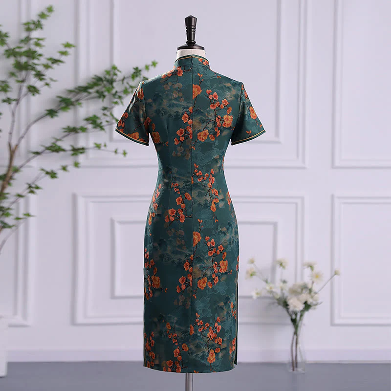 Buddha Stones Retro Flower Lotus Peony Feather Print Qipao Dress Women's Cheongsam Dress