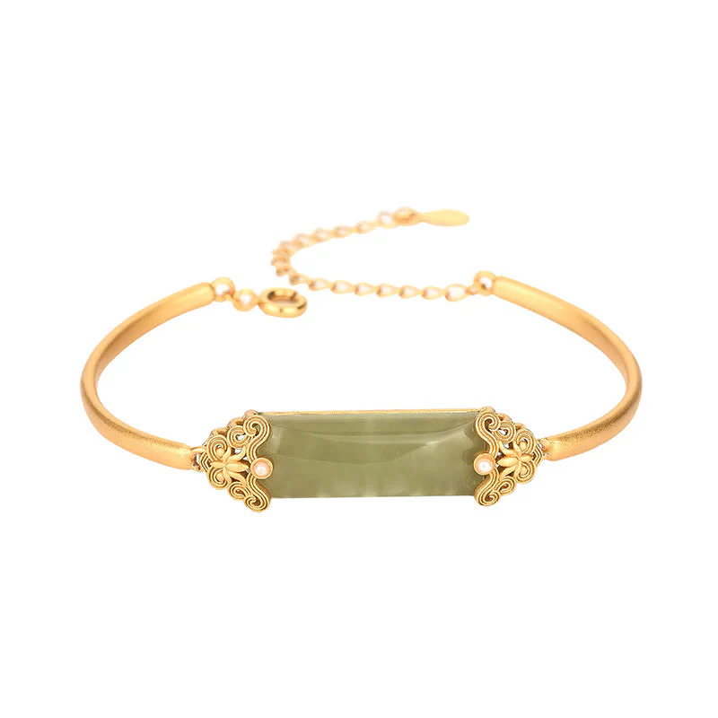 Buddha Stones Hetian Jade 24K Gold Plated Luck Bracelet Bangle