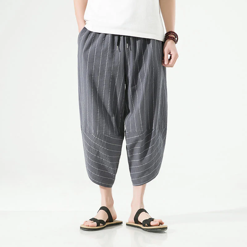 Buddha Stones Casual Plain Stripes Pattern Drawstring Men's 7-8 Length Cotton Linen Harem Pants With Pockets