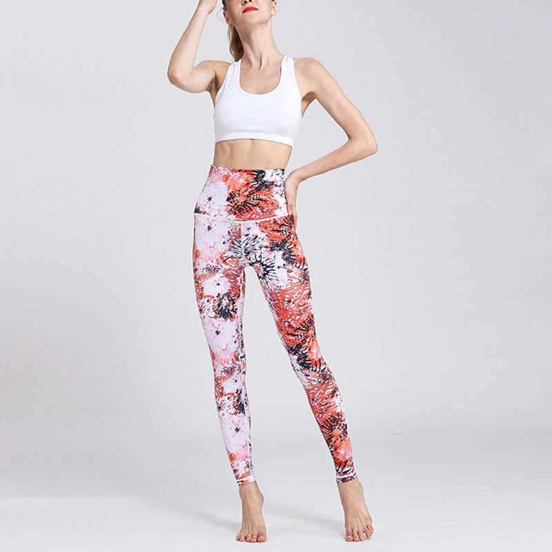 Buddha Stones Red Pink Flowers Print Sports Fitness Yoga High Waist Leggings Women's Yoga Pants