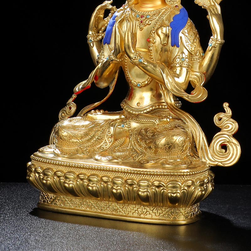 Buddha Stones Chenrezig Four-armed Avalokitesvara Protection Copper Gold Plated Statue Decoration