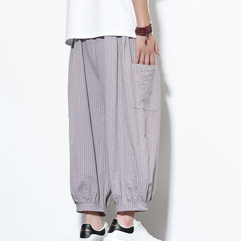 Buddha Stones Casual Striped Men's Cotton 7-8 Length Harem Pants With Pockets