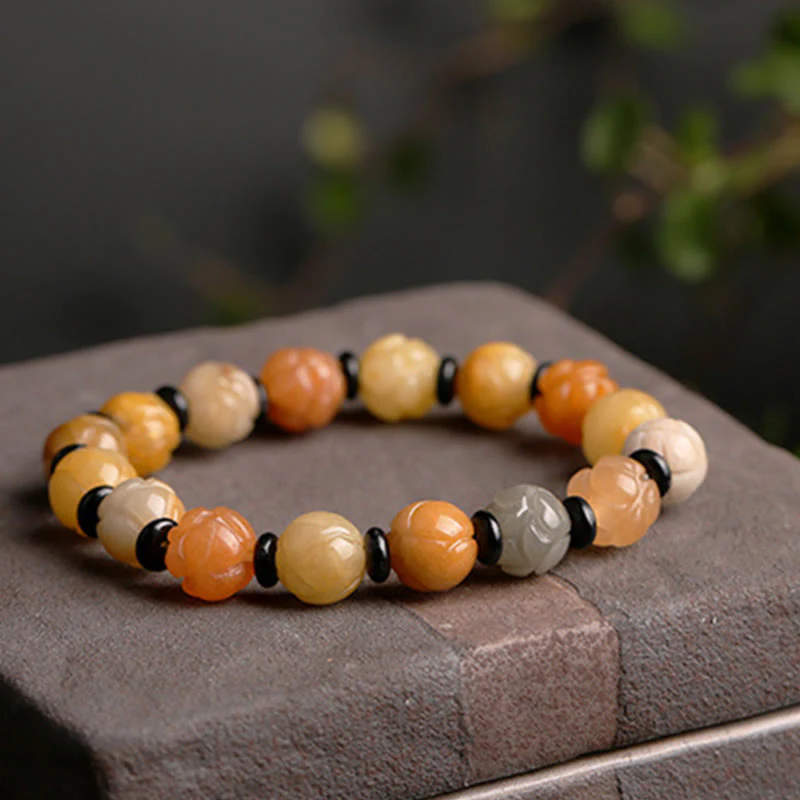 Buddha Stones Golden Silk Jade Lotus Wealth Luck Bracelet