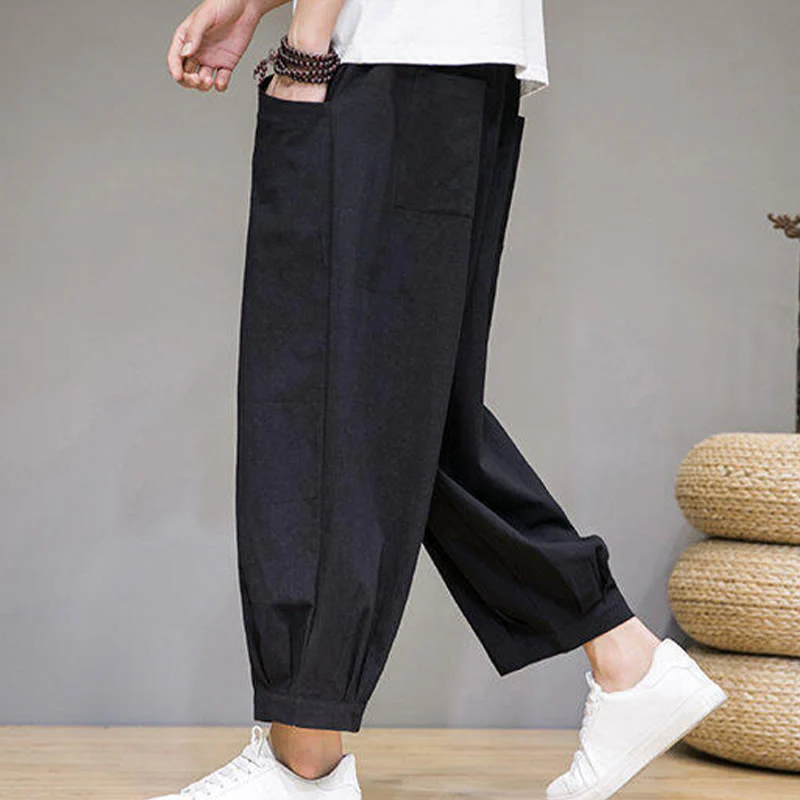 Buddha Stones Casual Plain Men's Cotton 7-8 Length Harem Pants With Pockets