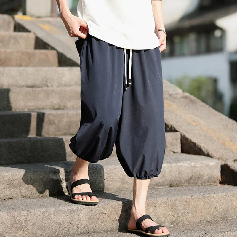 Buddha Stones Solid Drawstring Men's Capri Cropped Harem Pants With Pockets