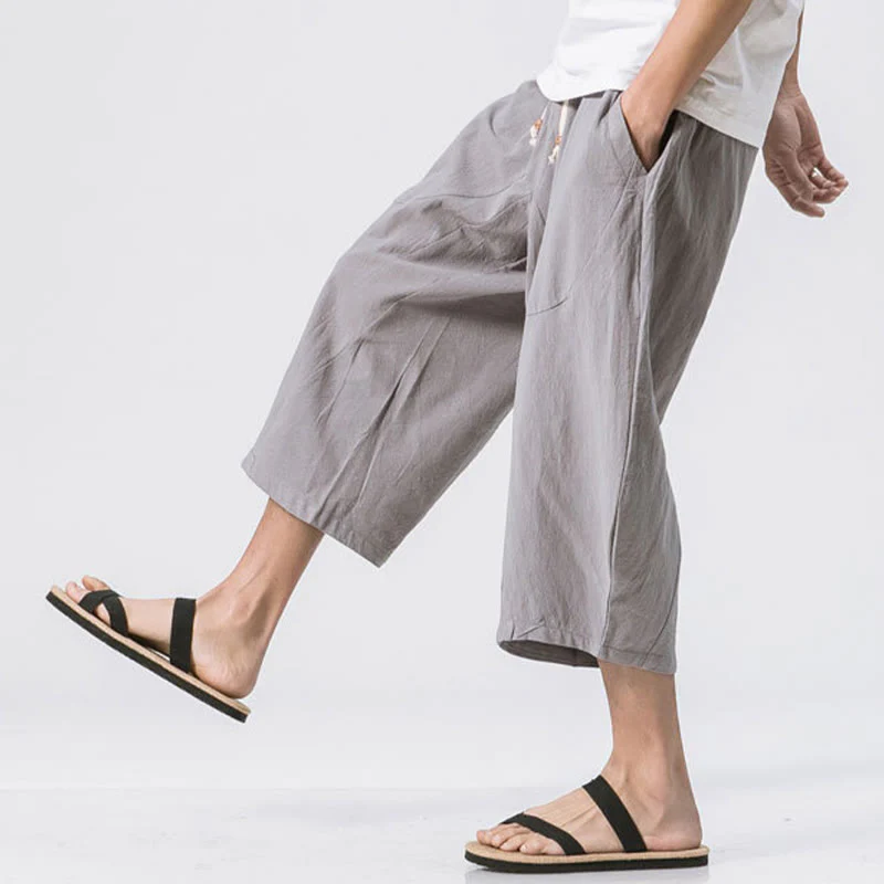 Buddha Stones Summer Casual Simple Plain Design 7-8 Length Men's Cotton Linen Drawstring Pants With Pockets