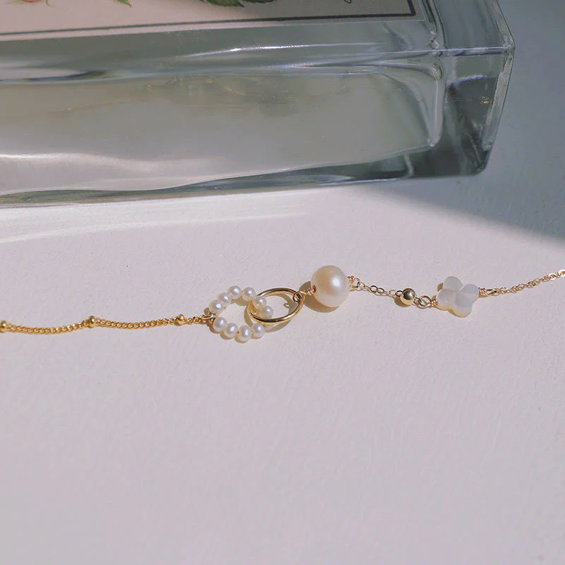 Buddha Stones 14K Gold Plated Pearl Double Peace Buckle Healing Chain Bracelet