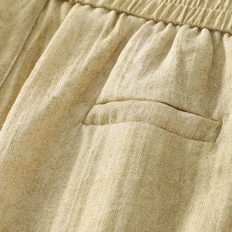 Buddha Stones Summer Plain Drawstring Zipper Design Women's Wide Leg Cotton Pants With Pockets