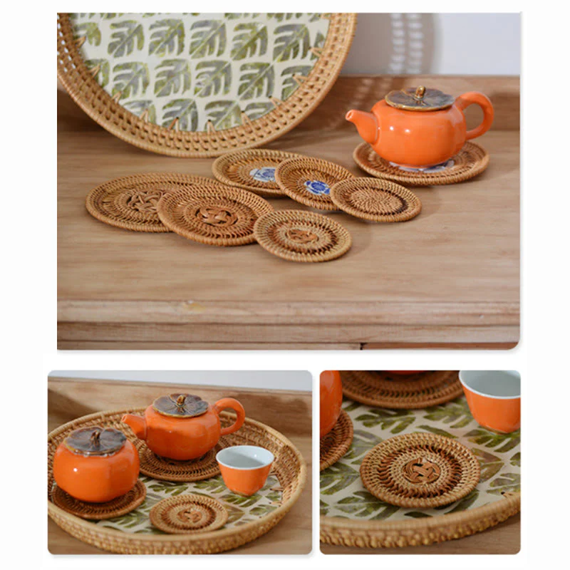 Buddha Stones Ceramic Flower Pattern Rattan Cup Mat Tea Cup Coaster