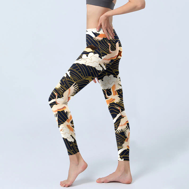 Buddha Stones Red-crowned Cranes Cloud Sea Wave Pattern Print Gym Leggings Women's Yoga Pants