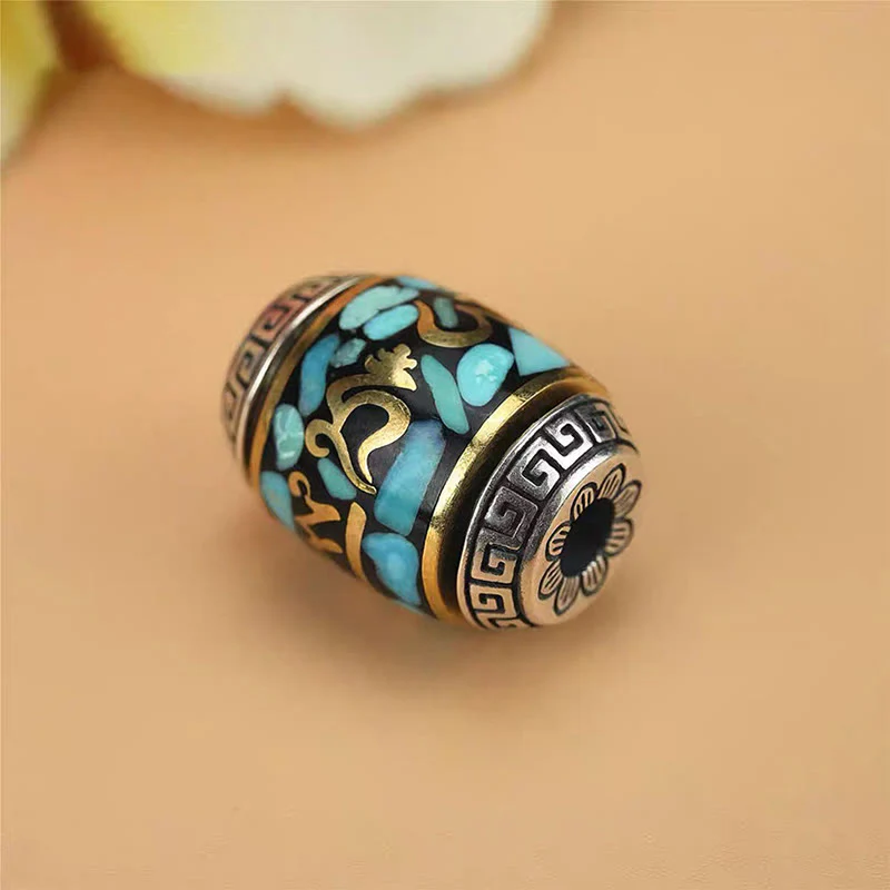 Buddha Stones Tibet Om Mani Padme Hum Dzi Bead Pattern Protection Rotatable Necklace Pendant