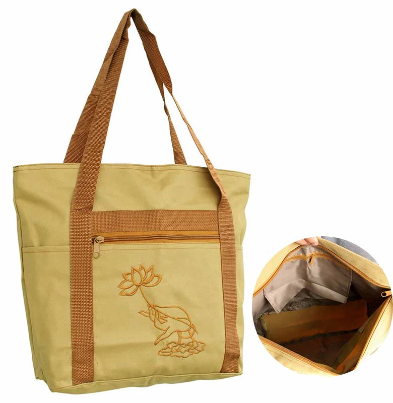 Buddha Stones Spiritual Mind Practice Lotus Embroidery Pattern Canvas Shoulder Bag Tote Bag