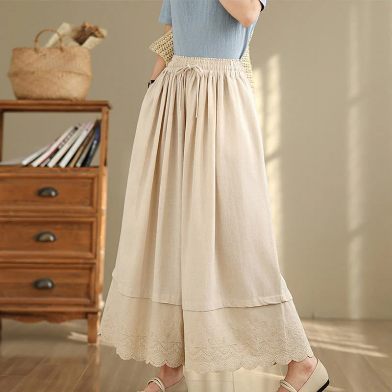 Buddha Stones Spring Embroidery Lace Hem Patchwork Drawstring Design Women's Wide Leg Cotton Pants With Pockets