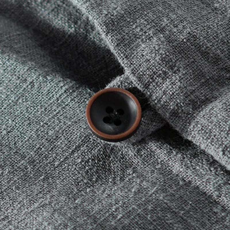 Buddha Stones Spring Daily Simple Buttons Design Stand Collar Men's Long Sleeve Cotton Linen Shirt With Pockets