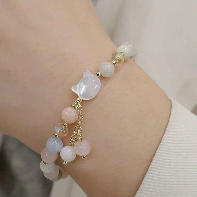 Buddha Stones Natural Strawberry Quartz Morganite Tridacna Stone Cat Love Bracelet
