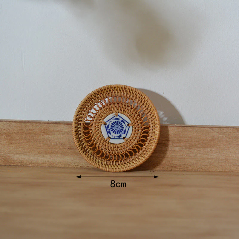 Buddha Stones Ceramic Flower Pattern Rattan Cup Mat Tea Cup Coaster