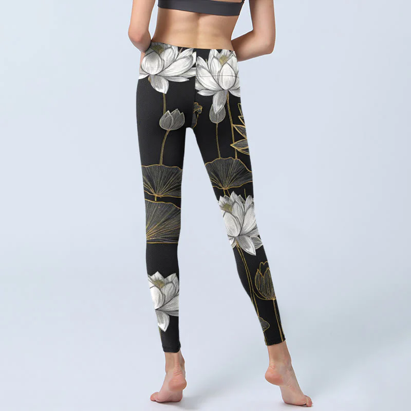 Buddha Stones White Golden Lotus Leaves Print Gym Leggings Women's Yoga Pants