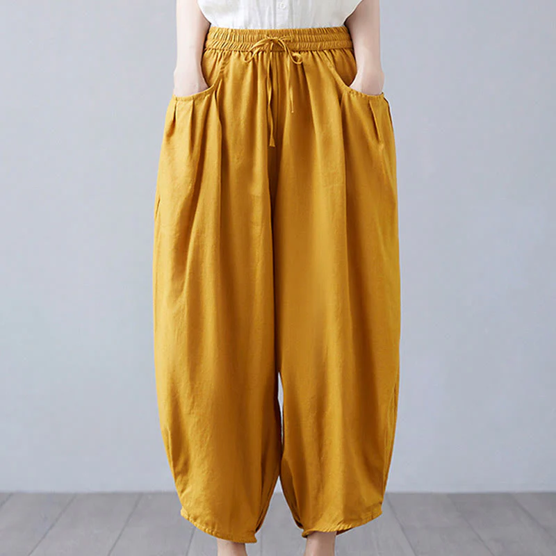 Buddha Stones Summer Plain Cropped Pants Women's Cotton Linen Harem Pants With Pockets